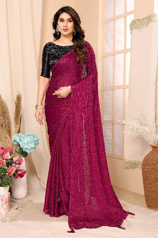 Women Pink Satin Chiffon Stone Work Saree With Un-Stiched Blouse Off-Shoulder Wrap Blouse