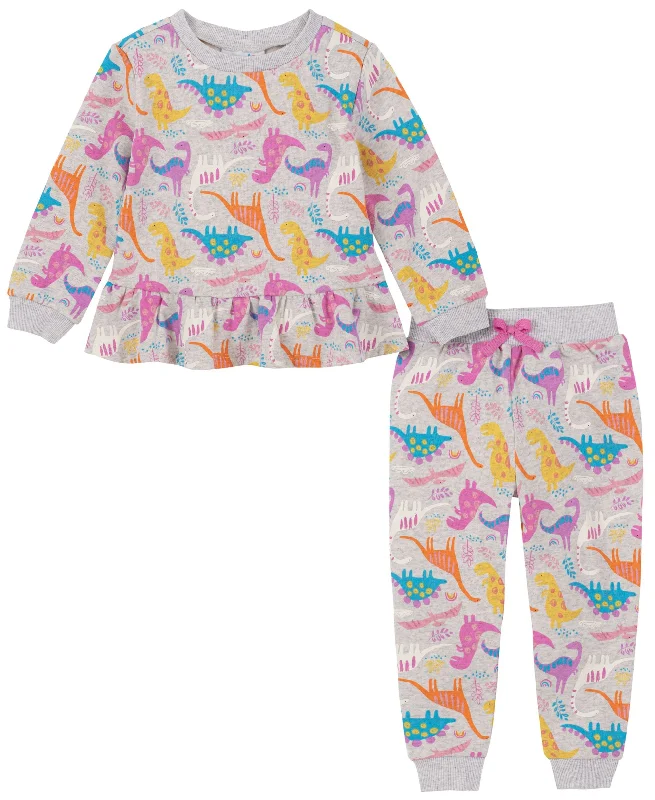 Little Girls Dino Print Fleece Sweatshirt Joggers Set Hoodie with Crew Neck Simple Timeless