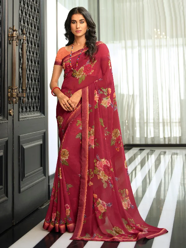 Women Maroon Georgette  Printed Saree With Un-Stiched Blouse Loose Oversized Blouse