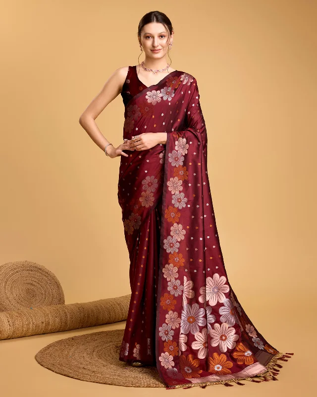 Women Maroon Pure Jacquard Weaving Work Saree With Un-Stiched Blouse Satin Drape Blouse