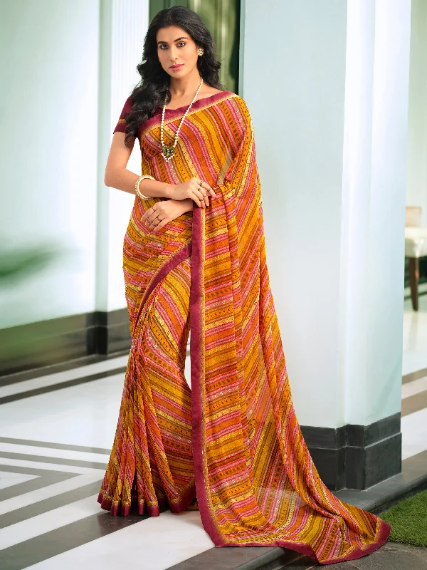 Women Orange Line Georgette  Printed Saree With Un-Stiched Blouse Peter Pan Collar Blouse