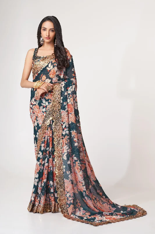 Women Dove Blue Organza Sequins Embroidery Work With Digital Print Saree With Un-Stiched Blouse Embroidered Floral Blouse