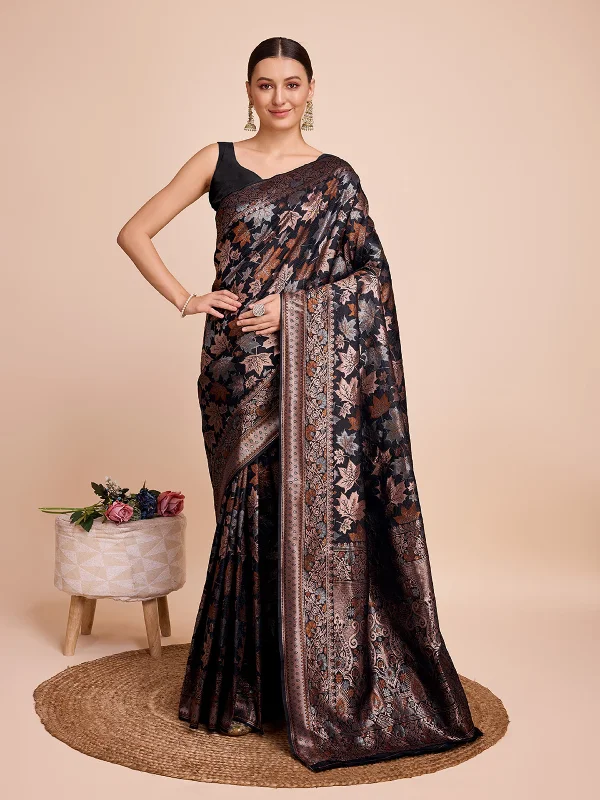 Women Black Kota Doriya Soft Silk Weaving Work Saree With Un-Stiched Blouse Gathered Detail Blouse