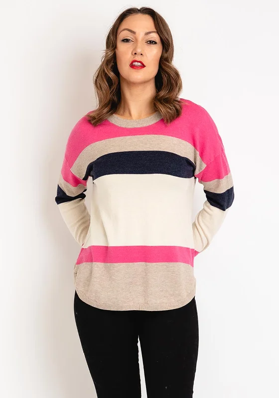 Fransa Melani Block Stripe Knitted Sweater, Pink Elasticated Padded Insulated