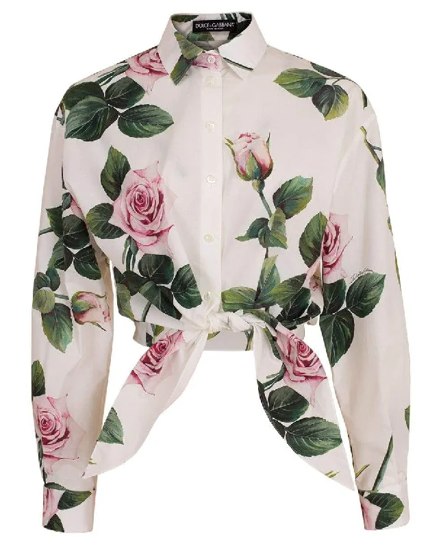 Tropical Rose Print Cropped Tie Blouse Soft Modal Blouse