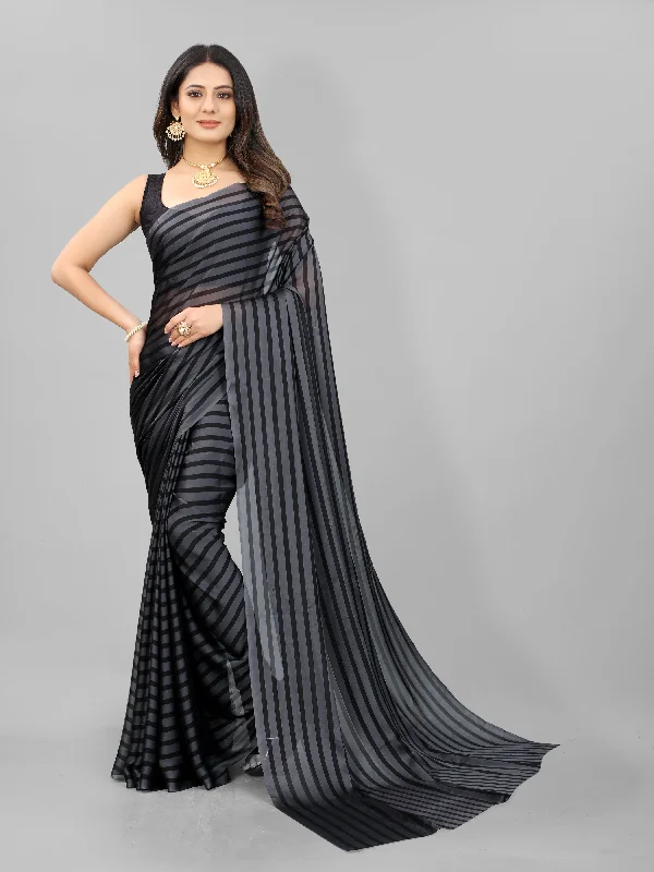 Women Grey Black Berry Plain Saree With Un-Stiched Blouse Floral Chiffon Blouse