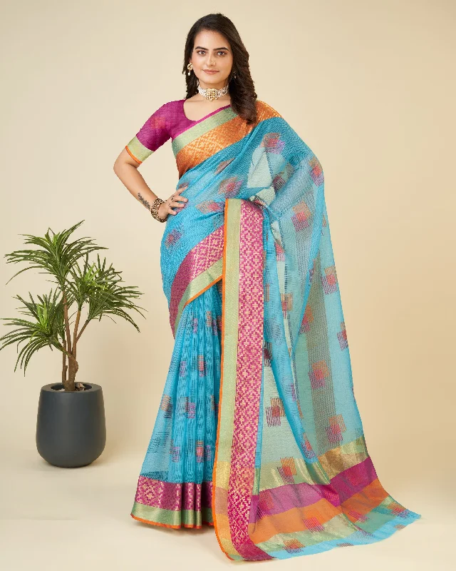 Women Sky Kota Doriya Soft Silk Weaving Work Saree With Un-Stiched Blouse Drape Neck Blouse