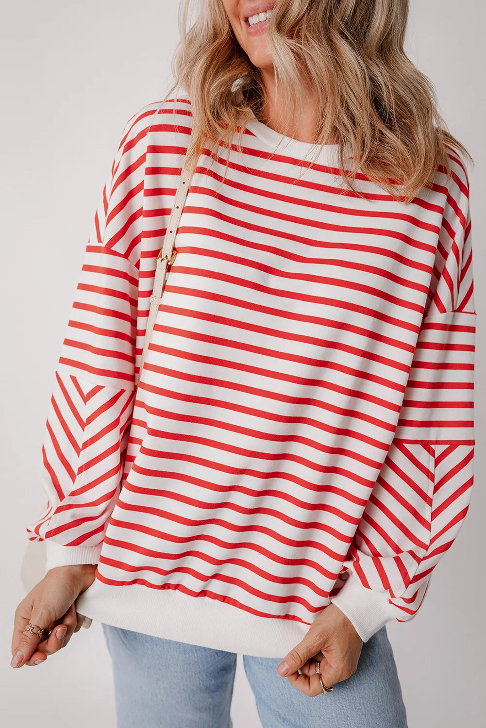 Striped Dropped Shoulder Long Sleeve Sweatshirt Hoodie with Hem Lace Feminine Delicate