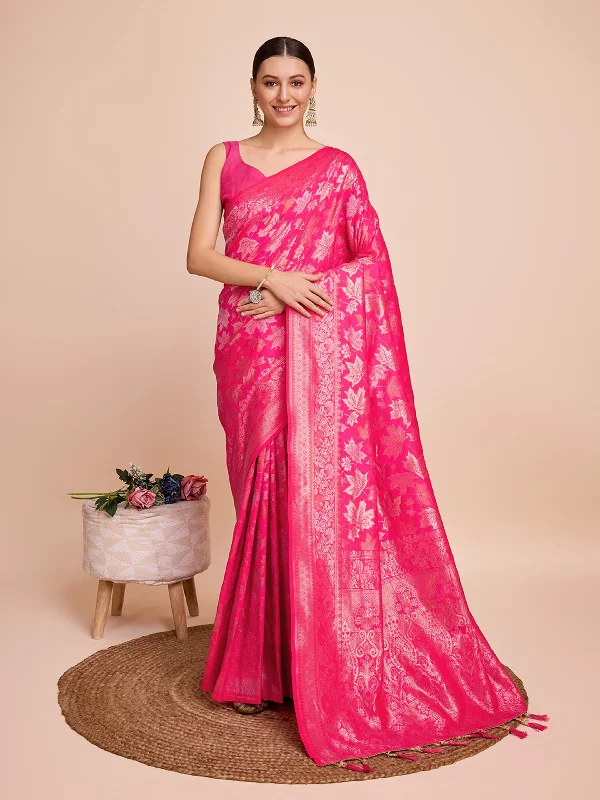 Women Pink Kota Doriya Soft Silk Weaving Work Saree With Un-Stiched Blouse Boho Chic Blouse