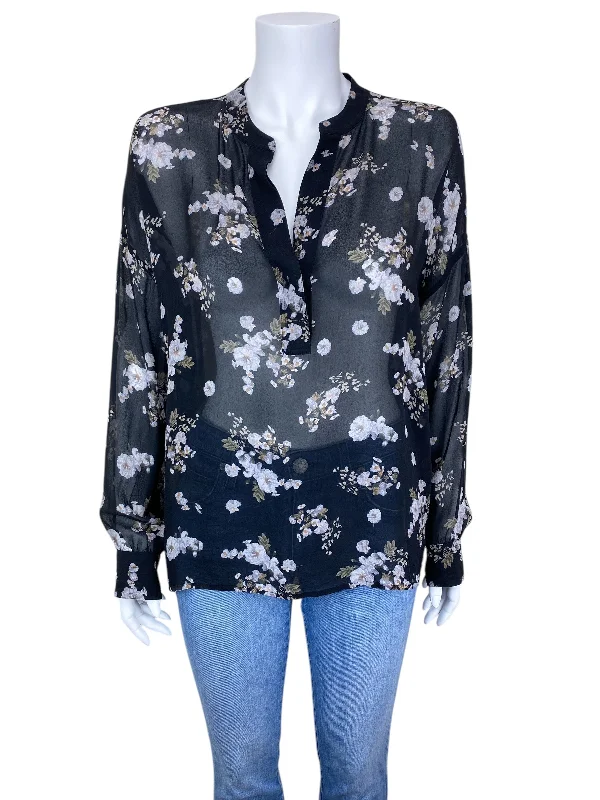 Vince Women's Tossed Floral Silk Poet's Blouse Black Multi Size M Lightweight Tunic Blouse