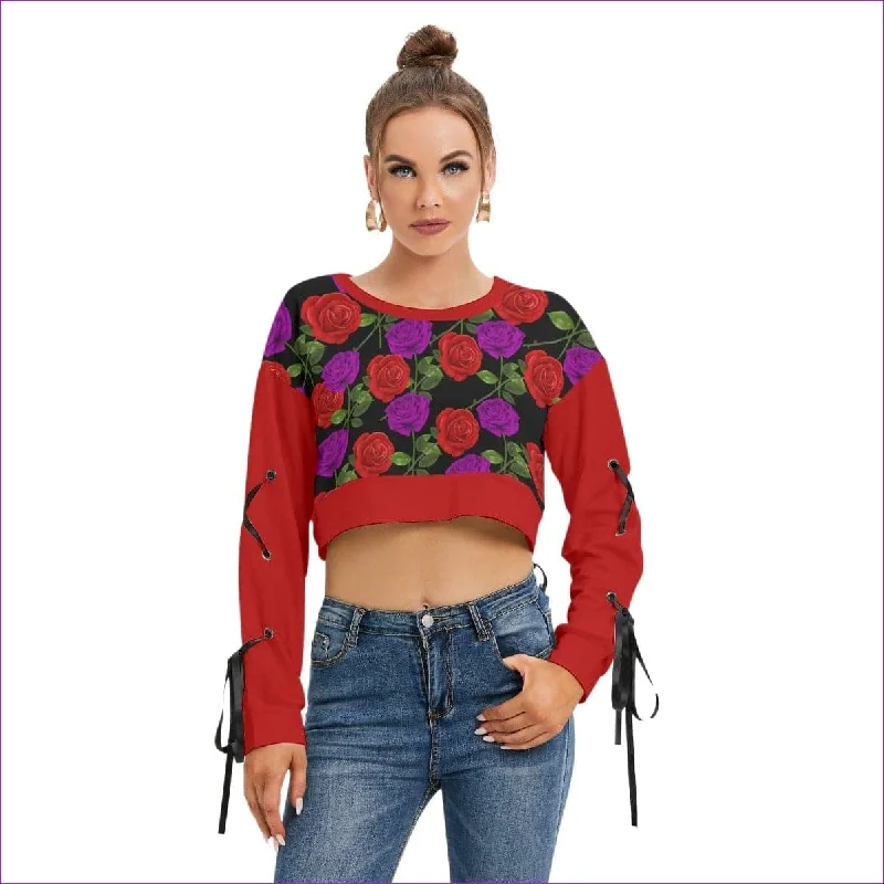 Red Rose Purp Women's Long Sleeve Cropped Sweatshirt Hoodie with Side Slits Relaxed Casual