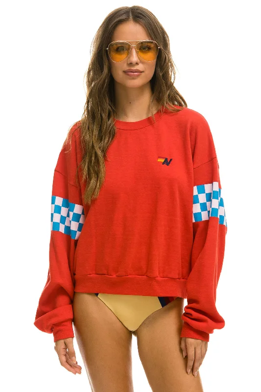 CHECK 2 SLEEVE RELAXED CREW SWEATSHIRT - RED // WHITE // BLUE Hoodie with Rolled Sleeves Casual Relaxed