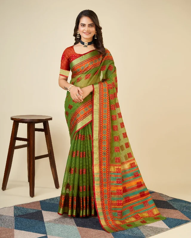 Women Lime Green Kota Doriya Soft Silk Weaving Work Saree With Un-Stiched Blouse Elegant Embroidery Blouse