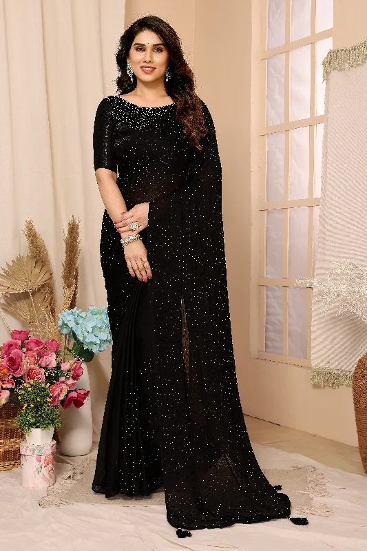 Women Black Satin Chiffon Stone Work Saree With Un-Stiched Blouse Versatile Layering Blouse