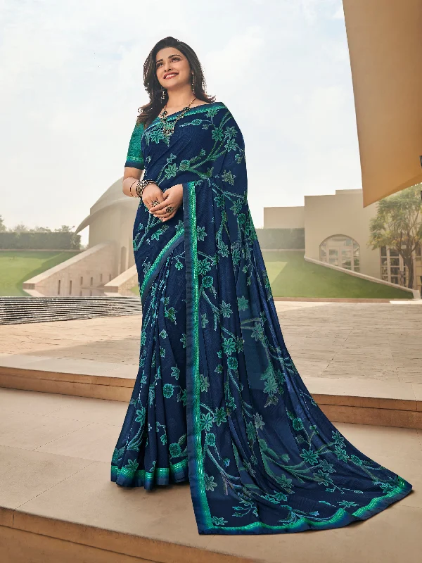 Women Dark Blue Georgette  Printed Saree With Un-Stiched Blouse Elegant Office Blouse