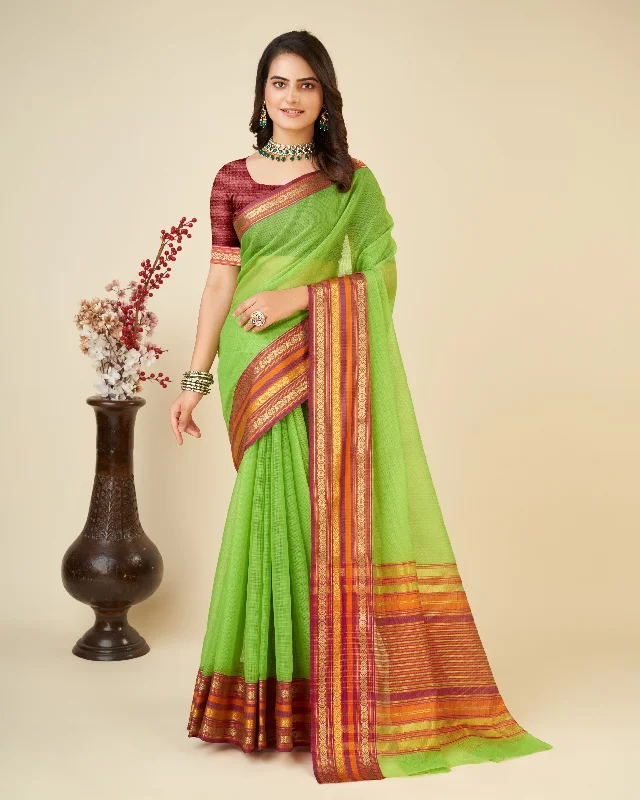 Women Parrot Kota Doriya Soft Silk Weaving Work Saree With Un-Stiched Blouse Chic Square Blouse