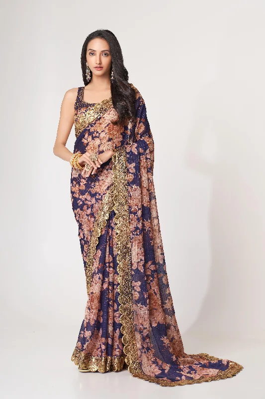 Women Purple Organza Sequins Embroidery Work With Digital Print Saree With Un-Stiched Blouse Satin Long Blouse