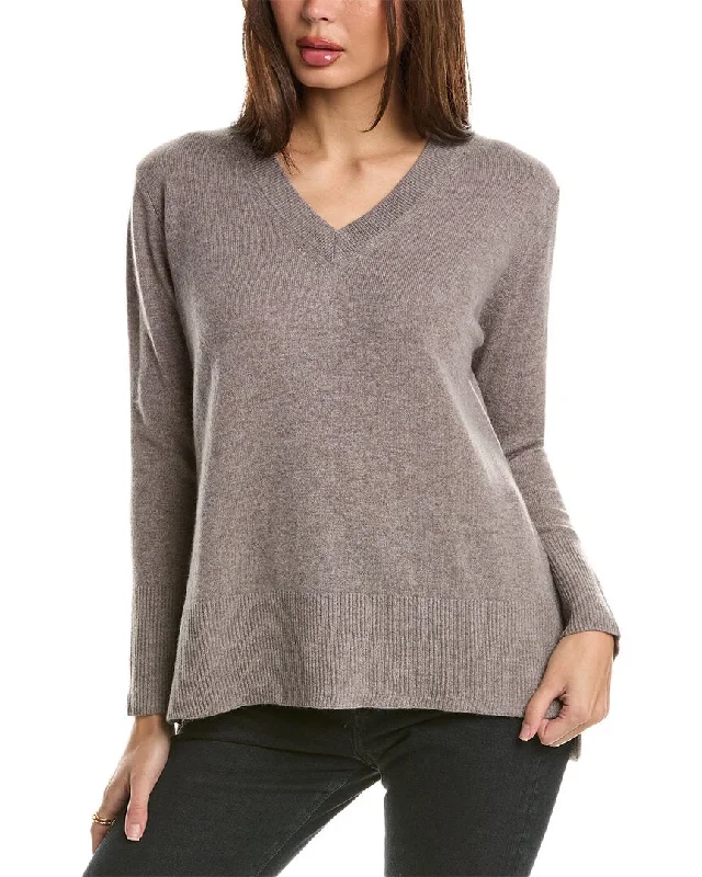 Forte Cashmere High-Low Seamed V-Neck Cashmere Sweater Zippered Buttoned Snapped