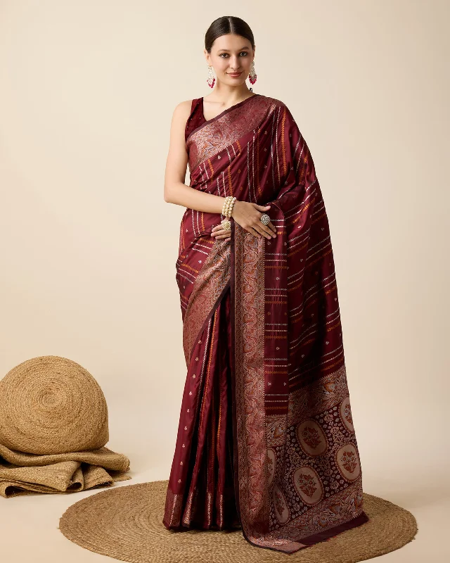 Women Maroon Pure Jacquard  Zari Work Saree With Un-Stiched Blouse Elegant Lace Blouse