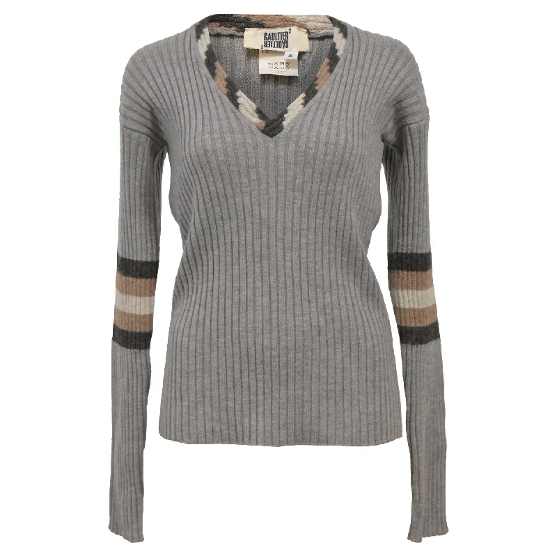 Jean Paul Gaultier Ribbed Knit V-Neck Sweater in Grey Wool Zippered Buttoned Snapped