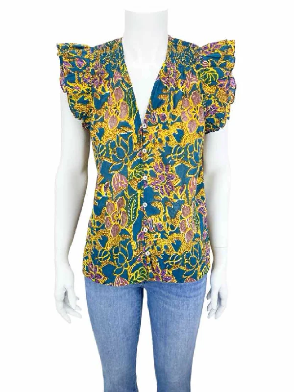 Cleobella Women's Chloe Block Print Button-Front Blouse Jade/Gold Size S Elegant Embroidery Blouse