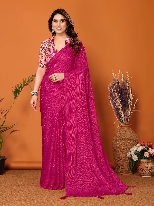 Women Pink Polyester Zari Plain Saree With Un-Stiched Blouse Elegant Silk Blouse