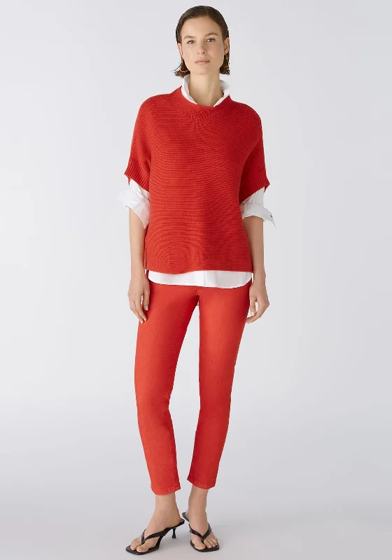 Oui High Neck Rib Knit Relaxed Sweater, Aura Orange Mesh Sweater Canvas Denim