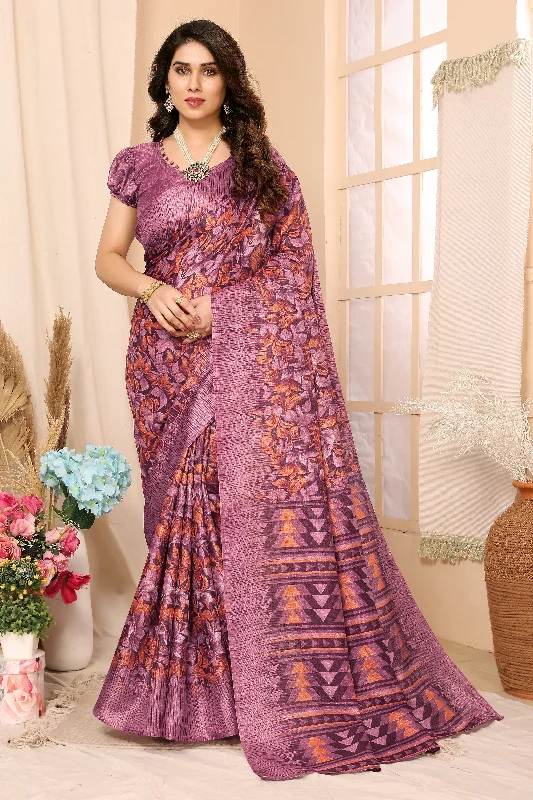 Women Purple Khadi Printed Saree With Un-Stiched Blouse Soft Knit Blouse