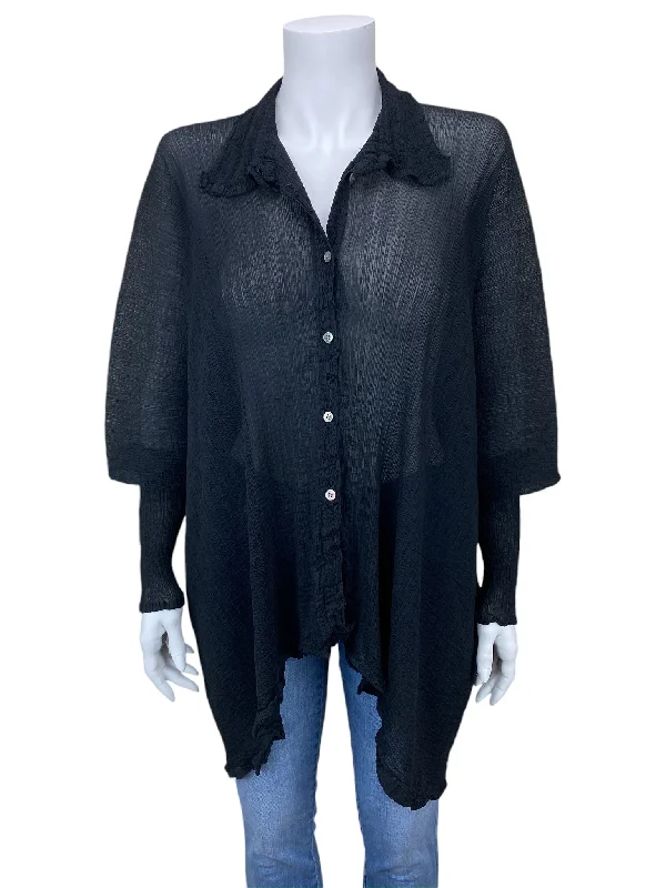 Issey Miyake Cauliflower Women's Oversized Crinkle Blouse Black One Size Side Tie Blouse