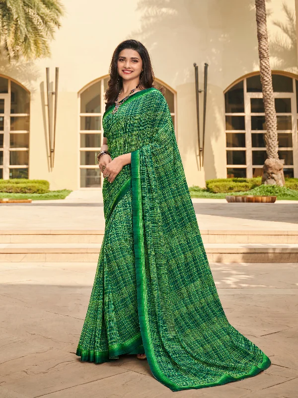 Women Green Georgette  Printed Saree With Un-Stiched Blouse Elegant Lace Blouse