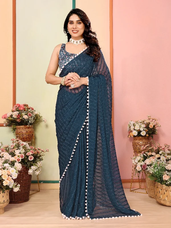 Women Morpich Georgette Patta Plain Saree With Un-Stiched Blouse Business Casual Blouse