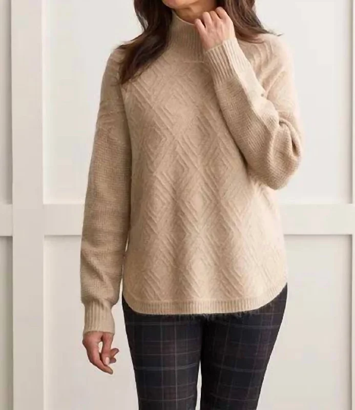 Long Sleeves Mock Neck Sweater In Oatmeal Cotton Fabric Linen Fabric Terry Fabric