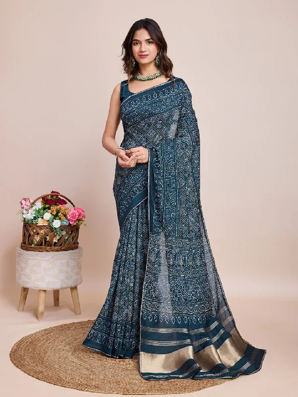 Women Blue Semi Cotton  Silk Weaving Work Saree With Un-Stiched Blouse Airy Cotton Blouse