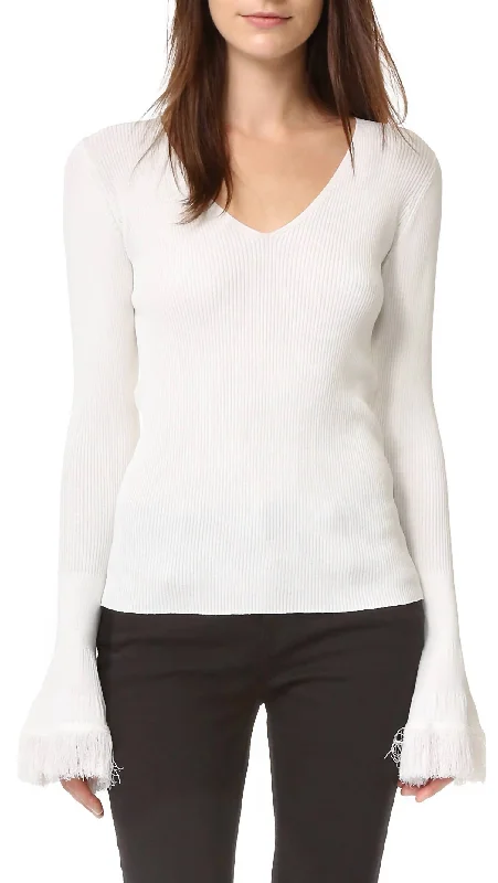 V-Neck Ribbed Sweater In White Neon Metallic Matte