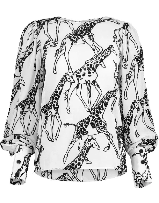 Black and White Giraffe Blouse Gathered Detail Blouse