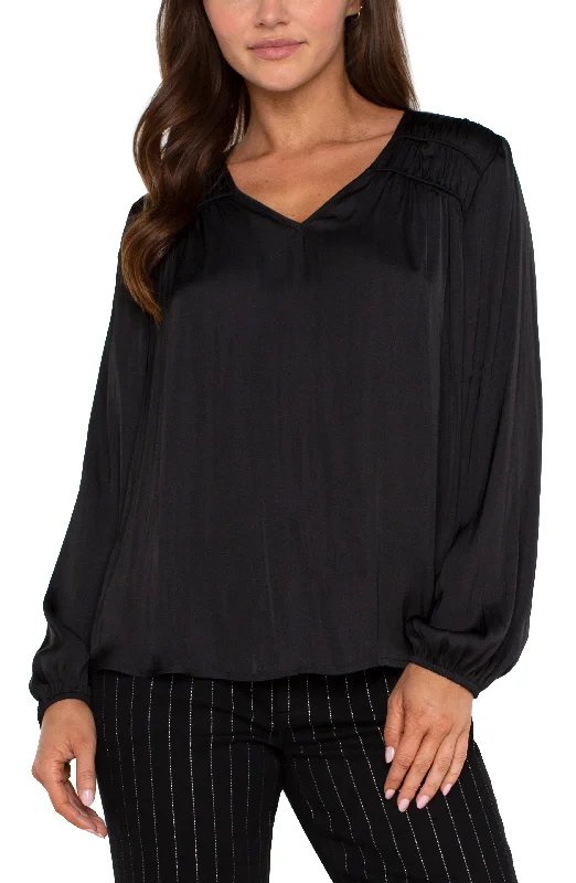 LONG SLEEVE V-NECK WOVEN BLOUSE Soft Satin Blouse