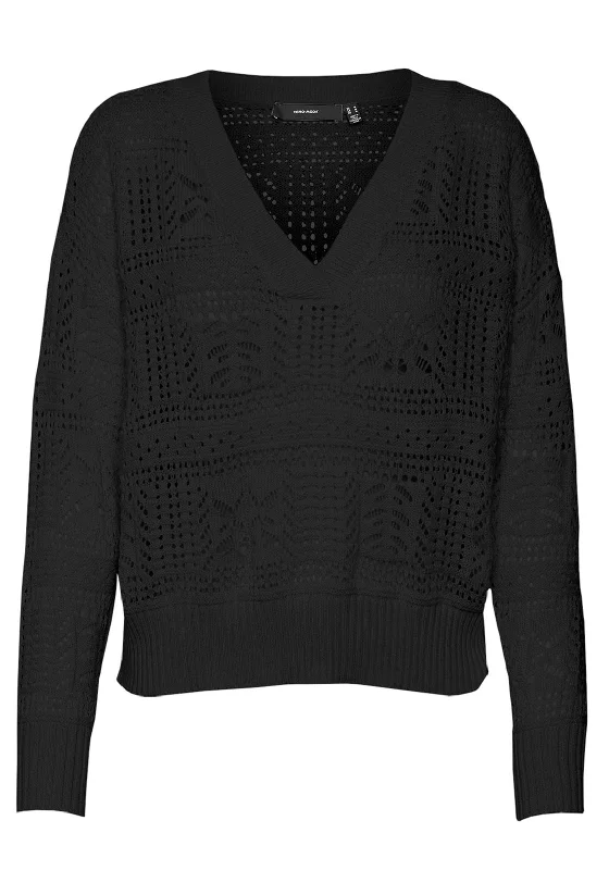 Vero Moda Bril Cut-Out Pattern Sweater, Black Terry Terry Cloth Terry Knit