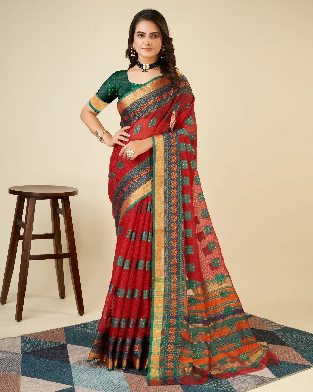 Women Maroon Kota Doriya Soft Silk Weaving Work Saree With Un-Stiched Blouse Playful Puff Blouse