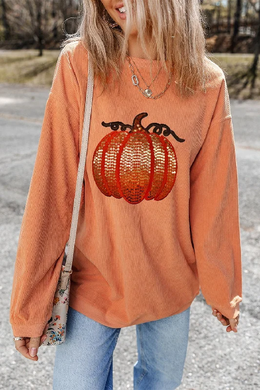 Sequin Pumpkin Round Neck Long Sleeve Sweatshirt Hoodie with Distressed Vintage Worn