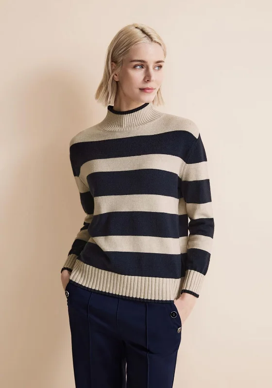 Street One High Neck Stripe Knit Sweater, Deep Blue Solid Print Embellished