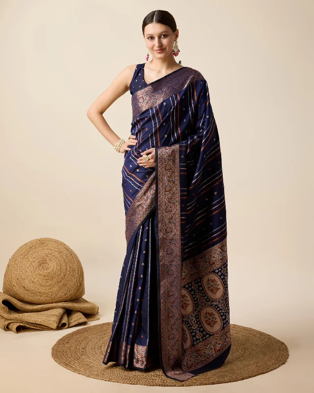 Women Blue Pure Jacquard  Zari Work Saree With Un-Stiched Blouse Bell Sleeve Blouse