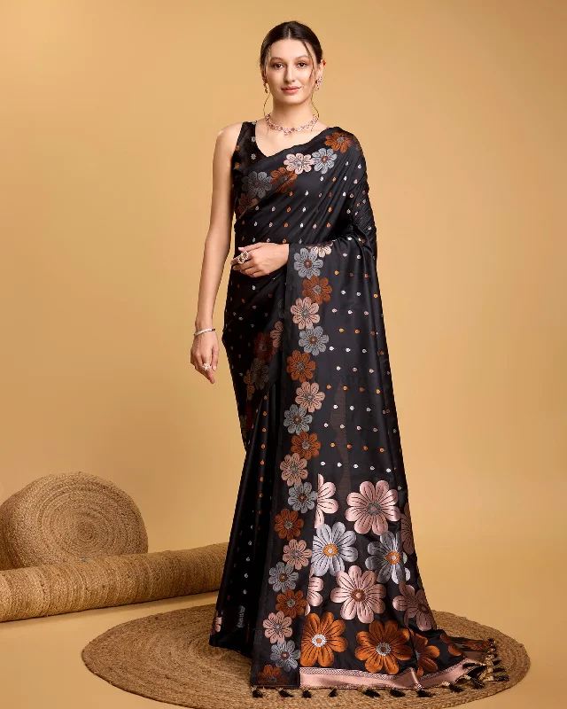 Women Black Pure Jacquard Weaving Work Saree With Un-Stiched Blouse Office-Ready Blouse