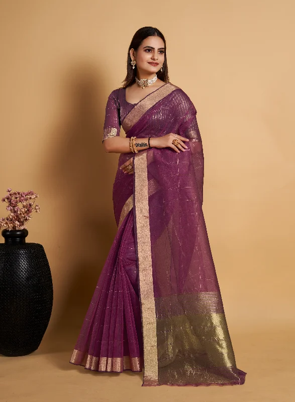 Women Wine Organza Silk Weaving Work Saree With Un-Stiched Blouse Office-Ready Blouse