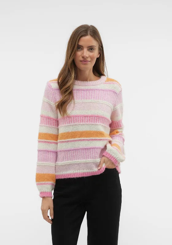 Vero Moda New Embrace Stiped Knitted Jumper, Parfait Pink Notch Collar Peter Pan Collar Cowl Neck