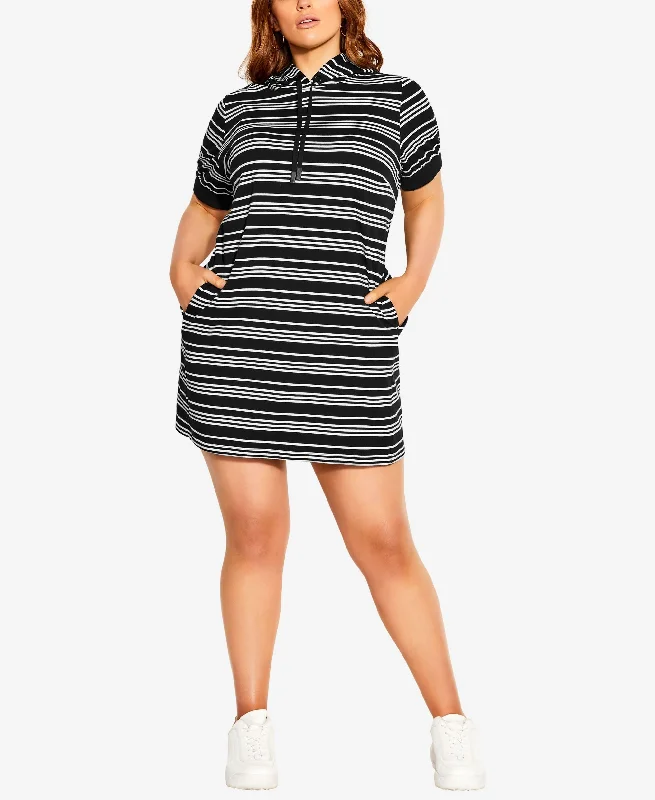 City Chic Trendy Plus Size Stripe Hoodie Dress Hoodie with Drop Shoulder Relaxed Streetwear