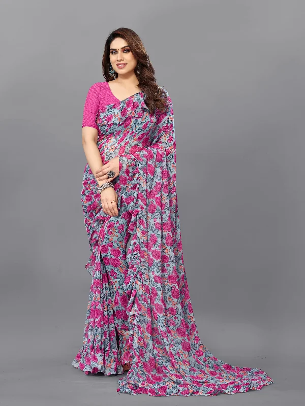 Women Pink Flower Georgette Printed Saree With Un-Stiched Blouse Elegant Embroidery Blouse