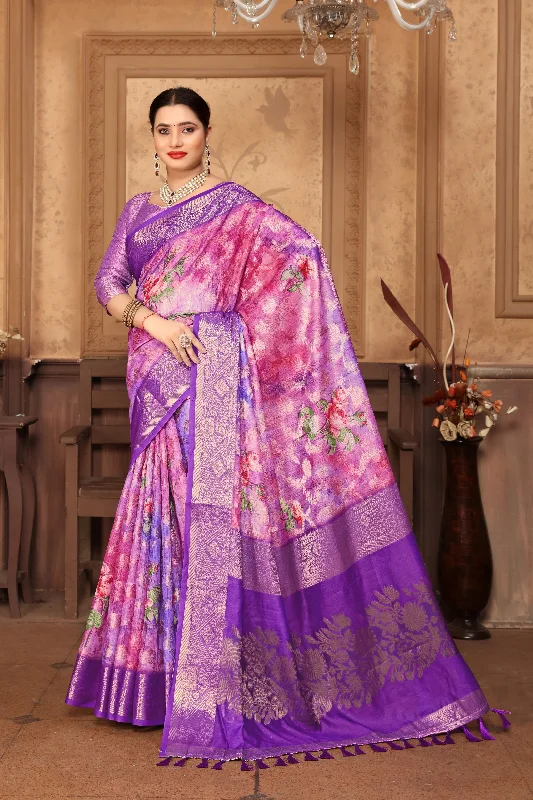 Women Party Wear Printed and Jari Weaving Jeaquard Silk Saree with Un Stitched Blouse Double-Layered Blouse