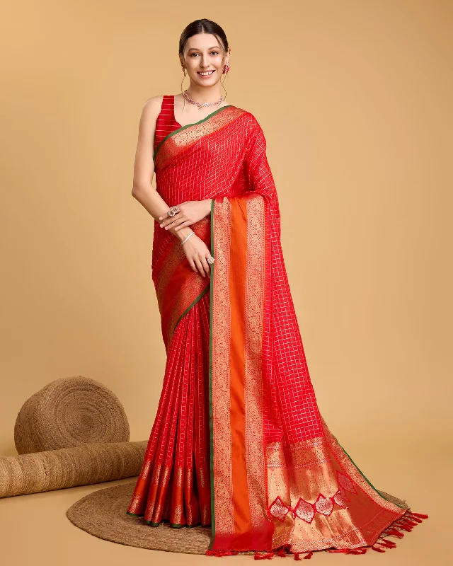 Women Orange Pure Jacquard  Weaving Work Saree With Un-Stiched Blouse Vintage Polka Blouse