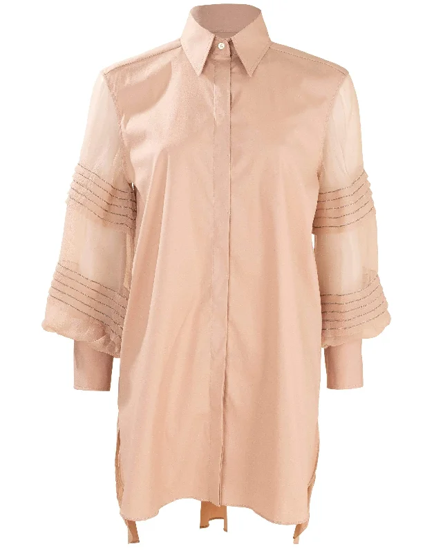 Pleated Organza Sleeve Tunic Blouse Feminine Puff Blouse