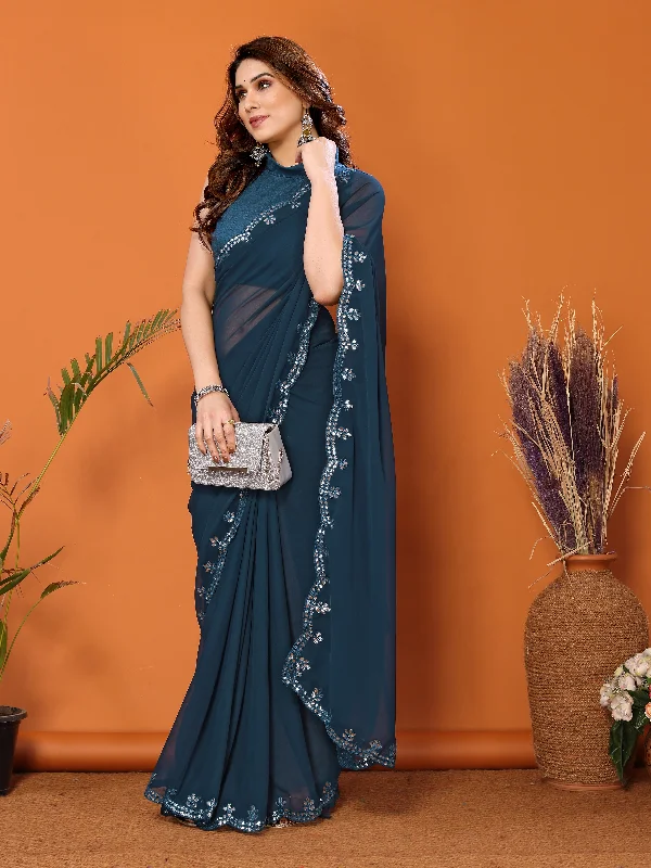 Women Rama Georgette Plain Saree With Un-Stiched Blouse Lightweight Chiffon Blouse